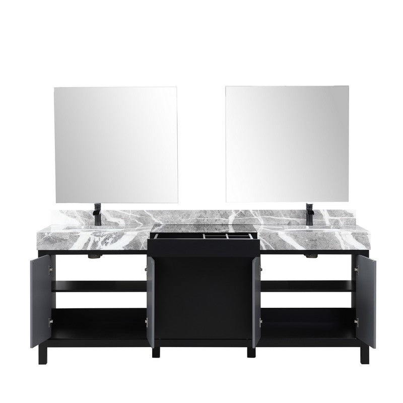Zilara 84" Black and Grey Double Vanity Set, Marble Top, Cascata Nera Matte Black Faucet Set | LZ342284DLISM34FCM