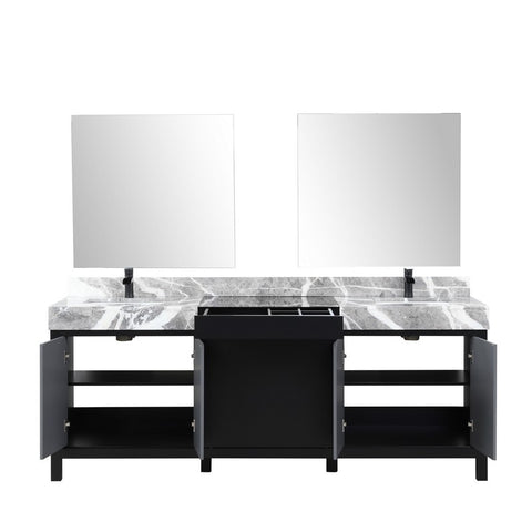 Image of Zilara 84" Black and Grey Double Vanity Set, Marble Top, Cascata Nera Matte Black Faucet Set | LZ342284DLISM34FCM