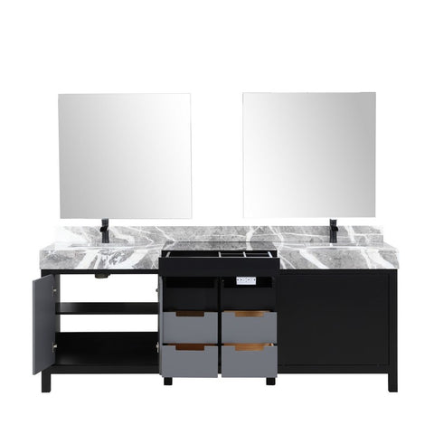 Image of Zilara 84" Black and Grey Double Vanity Set, Marble Top, Cascata Nera Matte Black Faucet Set | LZ342284DLISM34FCM