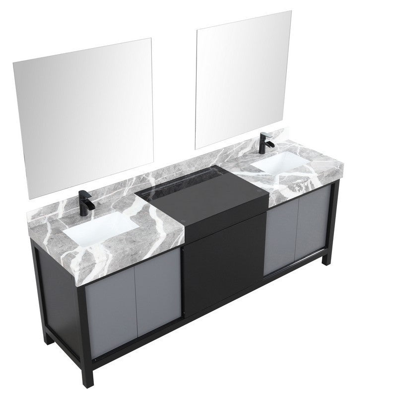 Zilara 84" Black and Grey Double Vanity Set, Marble Top, Cascata Nera Matte Black Faucet Set | LZ342284DLISM34FCM