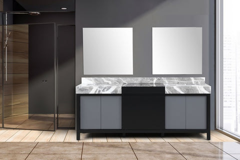 Image of Zilara 84" Black and Grey Double Vanity, Castle Grey Marble Top, and 34" Frameless Mirror | LZ342284DLISM34