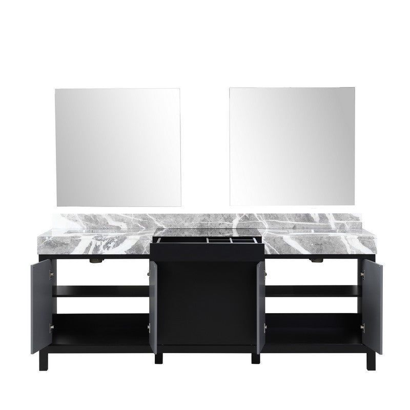 Zilara 84" Black and Grey Double Vanity, Castle Grey Marble Top, and 34" Frameless Mirror | LZ342284DLISM34