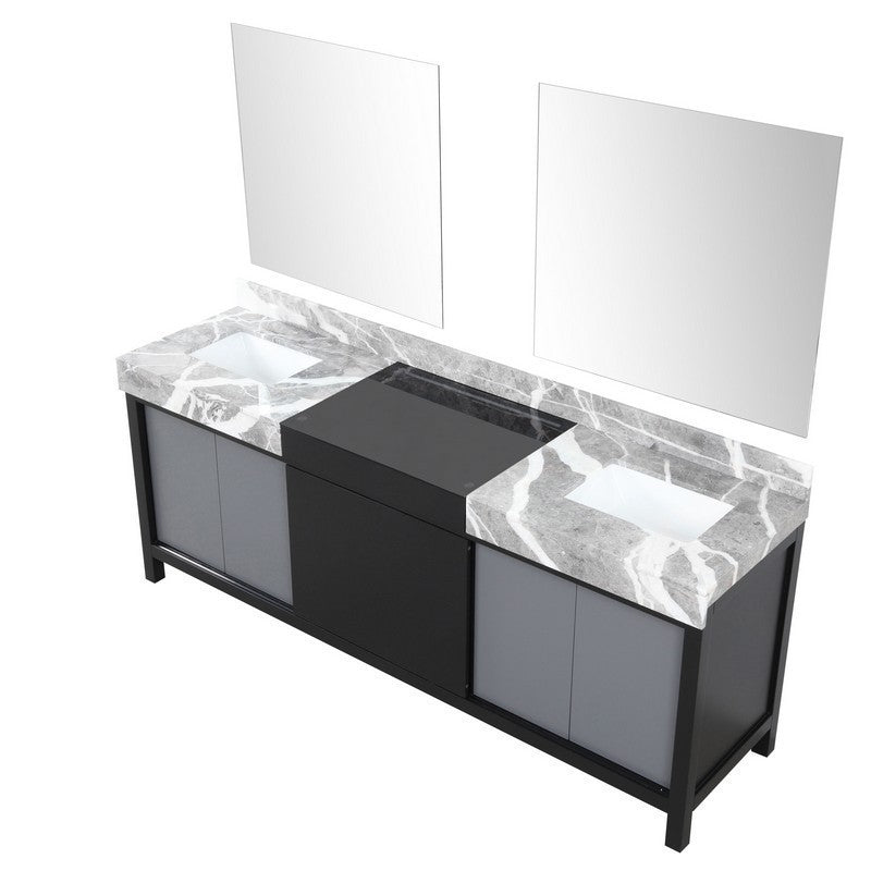 Zilara 84" Black and Grey Double Vanity, Castle Grey Marble Top, and 34" Frameless Mirror | LZ342284DLISM34