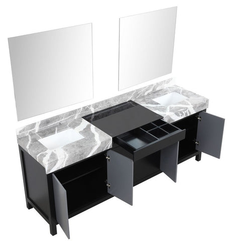 Image of Zilara 84" Black and Grey Double Vanity, Castle Grey Marble Top, and 34" Frameless Mirror | LZ342284DLISM34