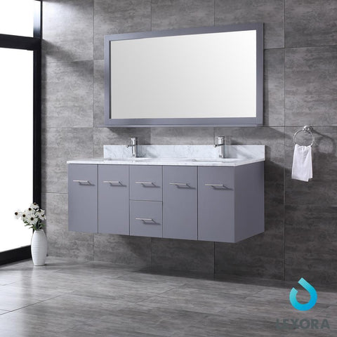 Image of Amelie 60" Dark Grey Double Vanity | White Carrara Marble Top | White Square Sinks and 60" Mirror
