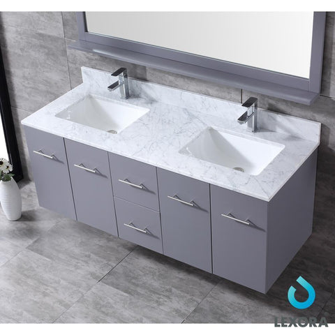 Image of Amelie 60" Dark Grey Double Vanity | White Carrara Marble Top | White Square Sinks and 60" Mirror