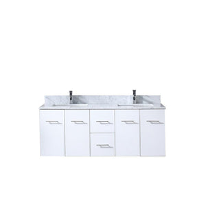 Amelie 60" White Double Vanity | White Carrara Marble Top | White Square Sinks and no Mirror