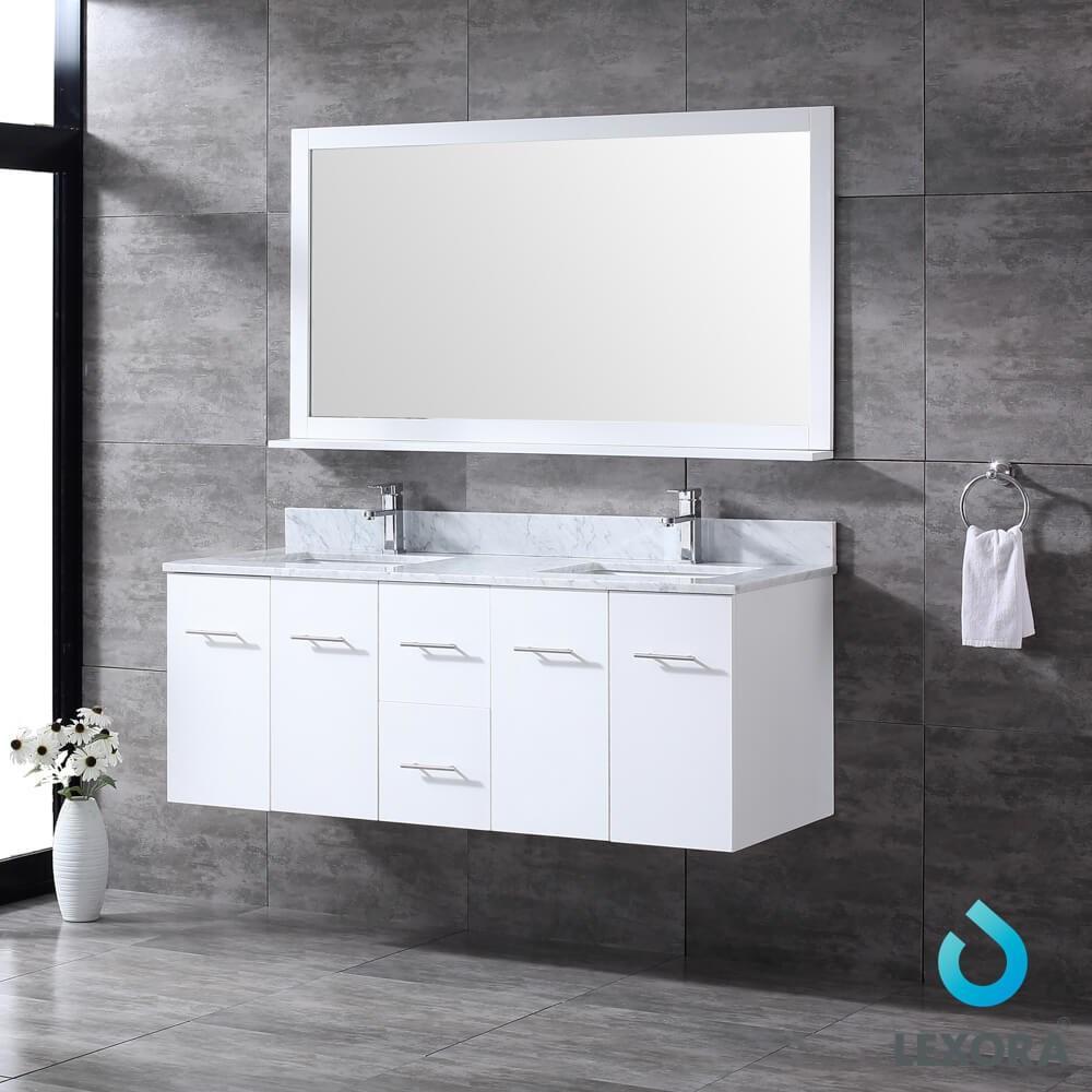 Amelie 60" White Double Vanity | White Carrara Marble Top | White Square Sinks and 60" Mirror