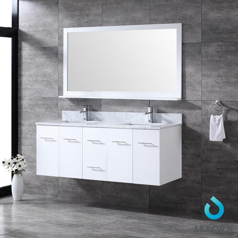 Image of Amelie 60" White Double Vanity | White Carrara Marble Top | White Square Sinks and 60" Mirror