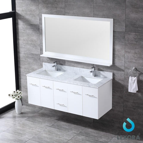 Image of Amelie 60" White Double Vanity | White Carrara Marble Top | White Square Sinks and 60" Mirror