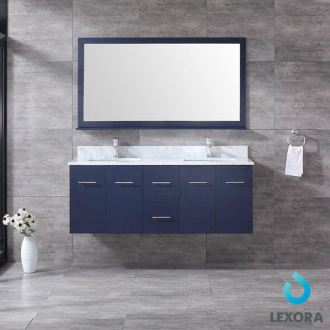 Image of Amelie 60" Navy Blue Double Vanity | White Carrara Marble Top | White Square Sinks and 60" Mirror