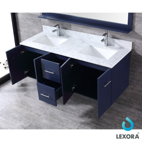 Image of Amelie 60" Navy Blue Double Vanity | White Carrara Marble Top | White Square Sinks and 60" Mirror