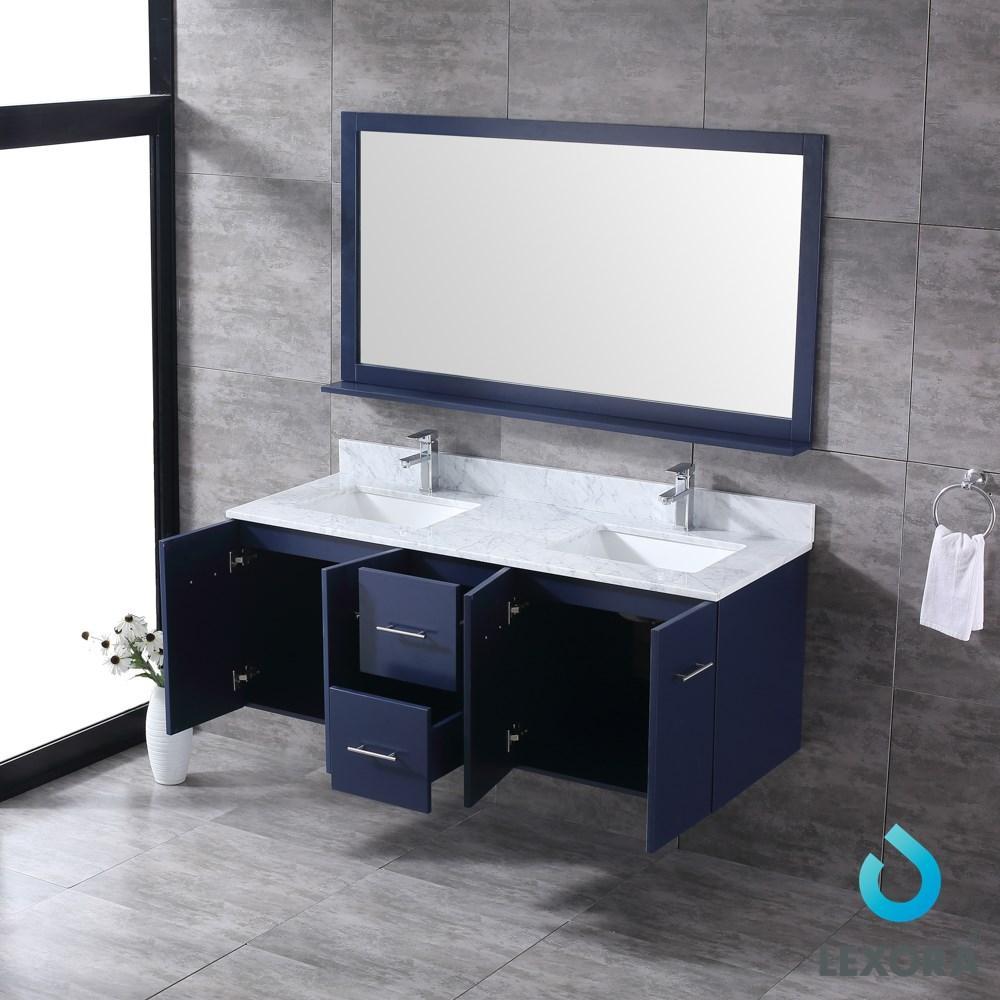 Amelie 60" Navy Blue Double Vanity | White Carrara Marble Top | White Square Sinks and 60" Mirror
