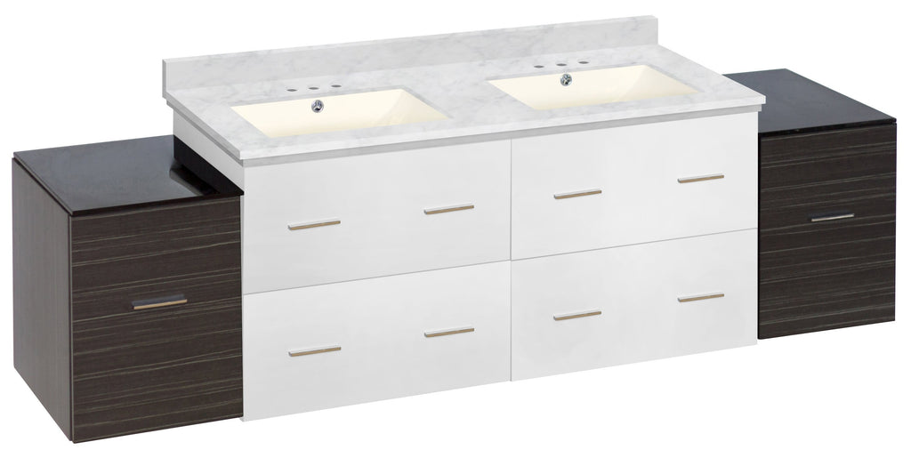 American Imaginations Xena 74.5-in. W Wall Mount White-Dawn Grey Vanity Set For 3H4-in. Drilling Bianca Carara Top Biscuit UM Sink AI-20154