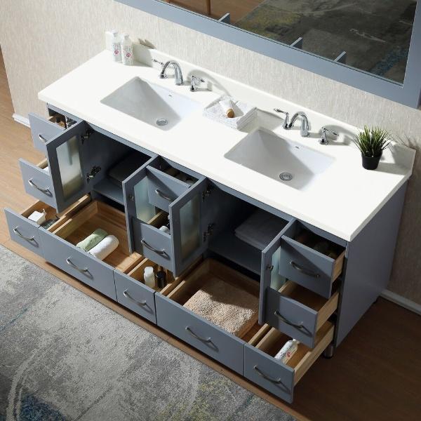Ariel Americano 73" Grey Modern Double Sink Vanity W/ White Quartz Top B073D-WQ-GRY A073D-VO-WHT