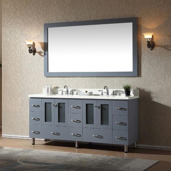 Ariel Americano 73" Grey Modern Double Sink Vanity W/ White Quartz Top B073D-WQ-GRY A073D-VO-WHT
