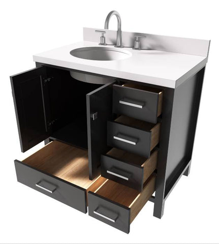 Image of Ariel Cambridge Espresso Transitional 37" Left Offset Oval Sink Vanity w/ White Quartz Countertop | A037SLWQOVOESP