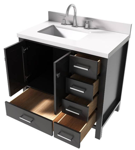 Image of Ariel Cambridge Espresso Transitional 37" Left Offset Rectangle Sink Vanity w/ White Quartz Countertop | A037SLWQRVOESP A037SLWQRVOESP