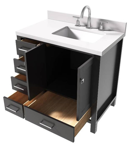 Image of Ariel Cambridge Espresso Transitional 37" Right Offset Rectangle Sink Vanity w/ White Quartz Countertop | A037SRWQRVOESP