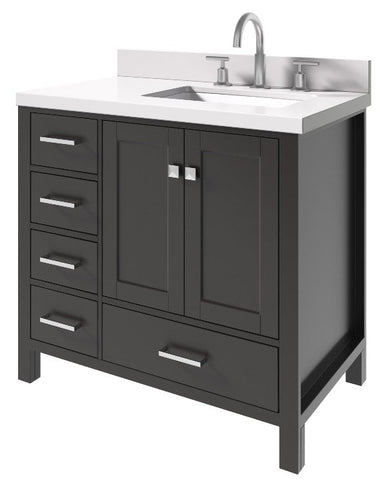 Image of Ariel Cambridge Espresso Transitional 37" Right Offset Rectangle Sink Vanity w/ White Quartz Countertop | A037SRWQRVOESP