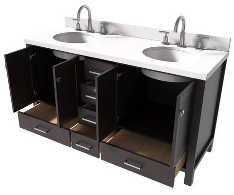 Image of Ariel Cambridge Espresso Transitional 61" Double Oval Sink Vanity w/ White Quartz Countertop | A061DWQOVOESP A061DWQOVOESP