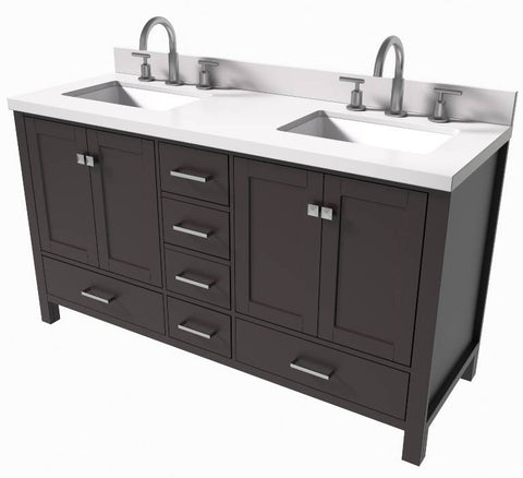 Image of Ariel Cambridge Espresso Transitional 61" Double Rectangle Sink Vanity w/ White Quartz Countertop | A061DWQRVOESP A061DWQRVOESP