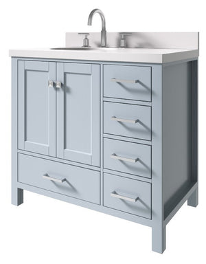 Ariel Cambridge Grey Transitional 37" Left Offset Oval Sink Vanity w/ White Quartz Countertop | A037SLWQOVOGRY A037SLWQOVOGRY