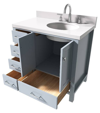 Image of Ariel Cambridge Grey Transitional 37" Right Offset Rectangle Sink Vanity w/ White Quartz Countertop | A037SRWQOVOGRY A037SRWQOVOGRY