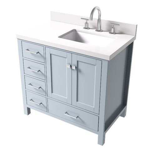 Image of Ariel Cambridge Grey Transitional 37" Right Offset Rectangle Sink Vanity w/ White Quartz Countertop | A037SRWQRVOGRY A037SRWQRVOGRY