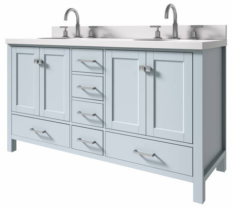 Image of Ariel Cambridge Grey Transitional 61" Double Oval Sink Vanity w/ White Quartz Countertop | A061DWQOVOGRY A061DWQOVOGRY