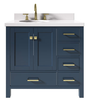 Ariel Cambridge Midnight Blue Transitional 37" Left Offset Oval Sink Vanity w/ White Quartz Countertop | A037SLWQOVOMNB A037SLWQOVOMNB