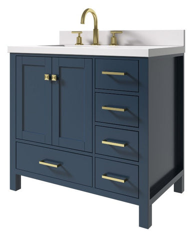 Image of Ariel Cambridge Midnight Blue Transitional 37" Left Offset Rectangle Sink Vanity w/ White Quartz Countertop | A037SLWQRVOMNB