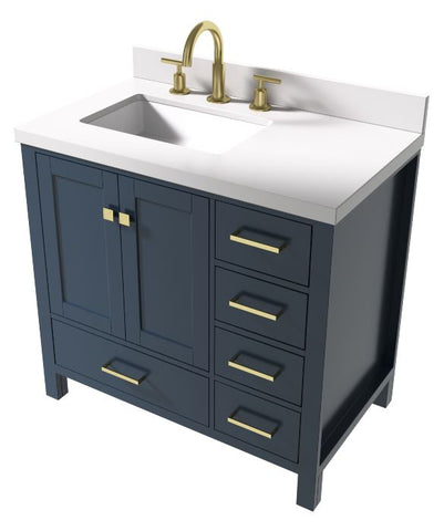 Image of Ariel Cambridge Midnight Blue Transitional 37" Left Offset Rectangle Sink Vanity w/ White Quartz Countertop | A037SLWQRVOMNB
