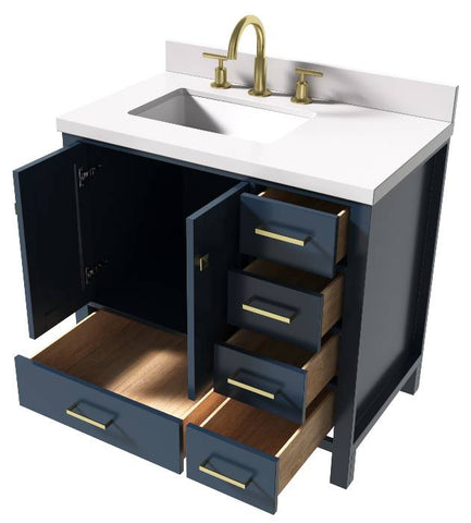 Image of Ariel Cambridge Midnight Blue Transitional 37" Left Offset Rectangle Sink Vanity w/ White Quartz Countertop | A037SLWQRVOMNB