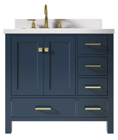 Image of Ariel Cambridge Midnight Blue Transitional 37" Left Offset Rectangle Sink Vanity w/ White Quartz Countertop | A037SLWQRVOMNB