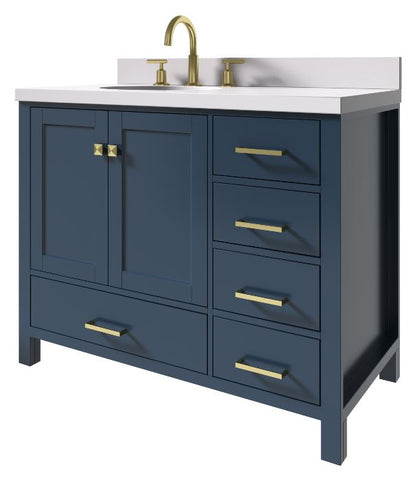 Image of Ariel Cambridge Midnight Blue Transitional 43" Left Offset Oval Sink Vanity w/ White Quartz Countertop | A043SLWQOVOMNB A043SLWQOVOMNB