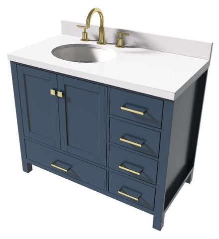 Image of Ariel Cambridge Midnight Blue Transitional 43" Left Offset Oval Sink Vanity w/ White Quartz Countertop | A043SLWQOVOMNB A043SLWQOVOMNB