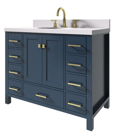 Image of Ariel Cambridge Midnight Blue Transitional 43" Oval Sink Vanity w/ White Quartz Countertop | A043SWQOVOMNB
