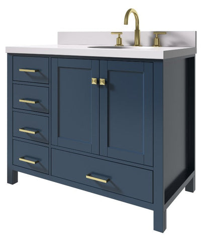 Image of Ariel Cambridge Midnight Blue Transitional 43" Right Offset Oval Sink Vanity w/ White Quartz Countertop | A043SRWQOVOMNB A043SRWQOVOMNB