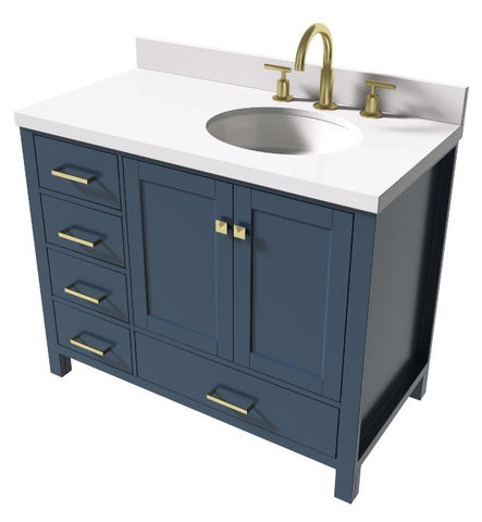 Image of Ariel Cambridge Midnight Blue Transitional 43" Right Offset Oval Sink Vanity w/ White Quartz Countertop | A043SRWQOVOMNB A043SRWQOVOMNB