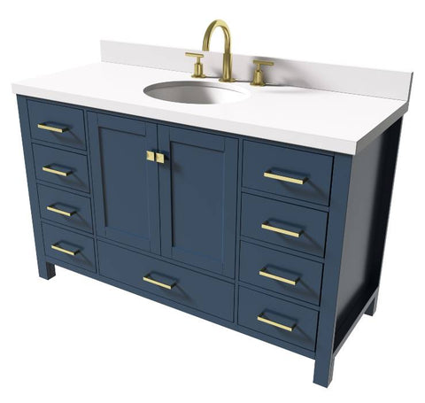 Image of Ariel Cambridge Midnight Blue Transitional 55" Oval Sink Vanity w/ White Quartz Countertop | A055SWQOVOMNB A055SWQOVOMNB