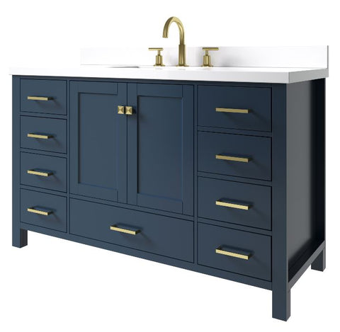 Image of Ariel Cambridge Midnight Blue Transitional 55" Rectangle Sink Vanity w/ White Quartz Countertop | A055SWQRVOMNB A055SWQRVOMNB
