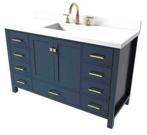 Image of Ariel Cambridge Midnight Blue Transitional 55" Rectangle Sink Vanity w/ White Quartz Countertop | A055SWQRVOMNB A055SWQRVOMNB