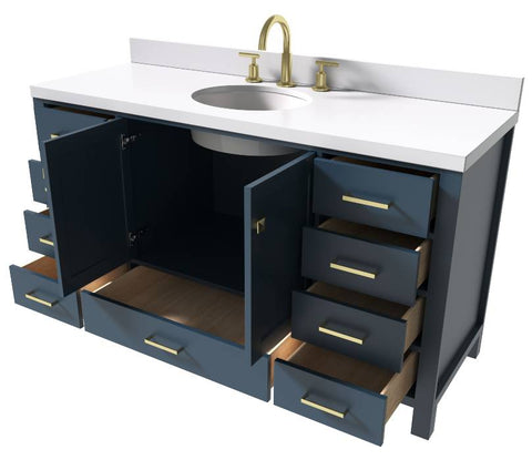 Image of Ariel Cambridge Midnight Blue Transitional 61" Oval Sink Vanity w/ White Quartz Countertop | A061SWQOVOMNB A061SWQOVOMNB