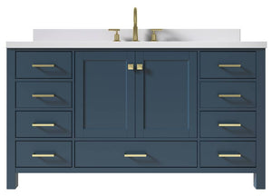 Ariel Cambridge Midnight Blue Transitional 61" Rectangle Sink Vanity w/ White Quartz Countertop | A061SWQRVOMNB