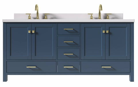 Image of Ariel Cambridge Midnight Blue Transitional 73" Double Oval Sink Vanity w/ White Quartz Countertop | A073DWQOVOMNB
