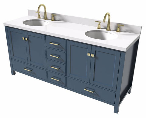 Image of Ariel Cambridge Midnight Blue Transitional 73" Double Oval Sink Vanity w/ White Quartz Countertop | A073DWQOVOMNB