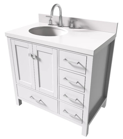 Image of Ariel Cambridge White Transitional 37" Left Offset Oval Sink Vanity w/ White Quartz Countertop | A037SLWQOVOWHT