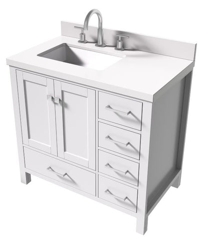 Image of Ariel Cambridge White Transitional 37" Left Offset Rectangle Sink Vanity w/ White Quartz Countertop | A037SLWQRVOWHT