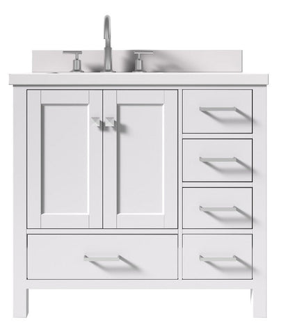 Image of Ariel Cambridge White Transitional 37" Left Offset Rectangle Sink Vanity w/ White Quartz Countertop | A037SLWQRVOWHT